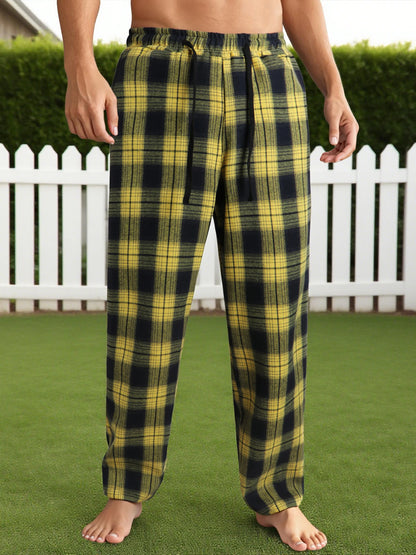Men's Lounge Pants - Casual Plaid Drawstring Waist Full Length Polyester Trousers - ZOOMNSTORE