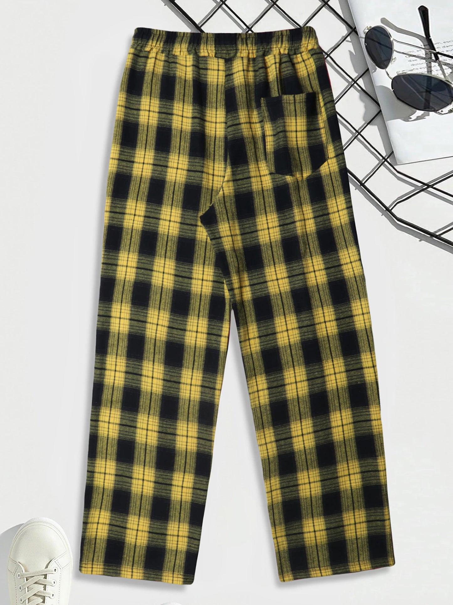 Men's Lounge Pants - Casual Plaid Drawstring Waist Full Length Polyester Trousers - ZOOMNSTORE