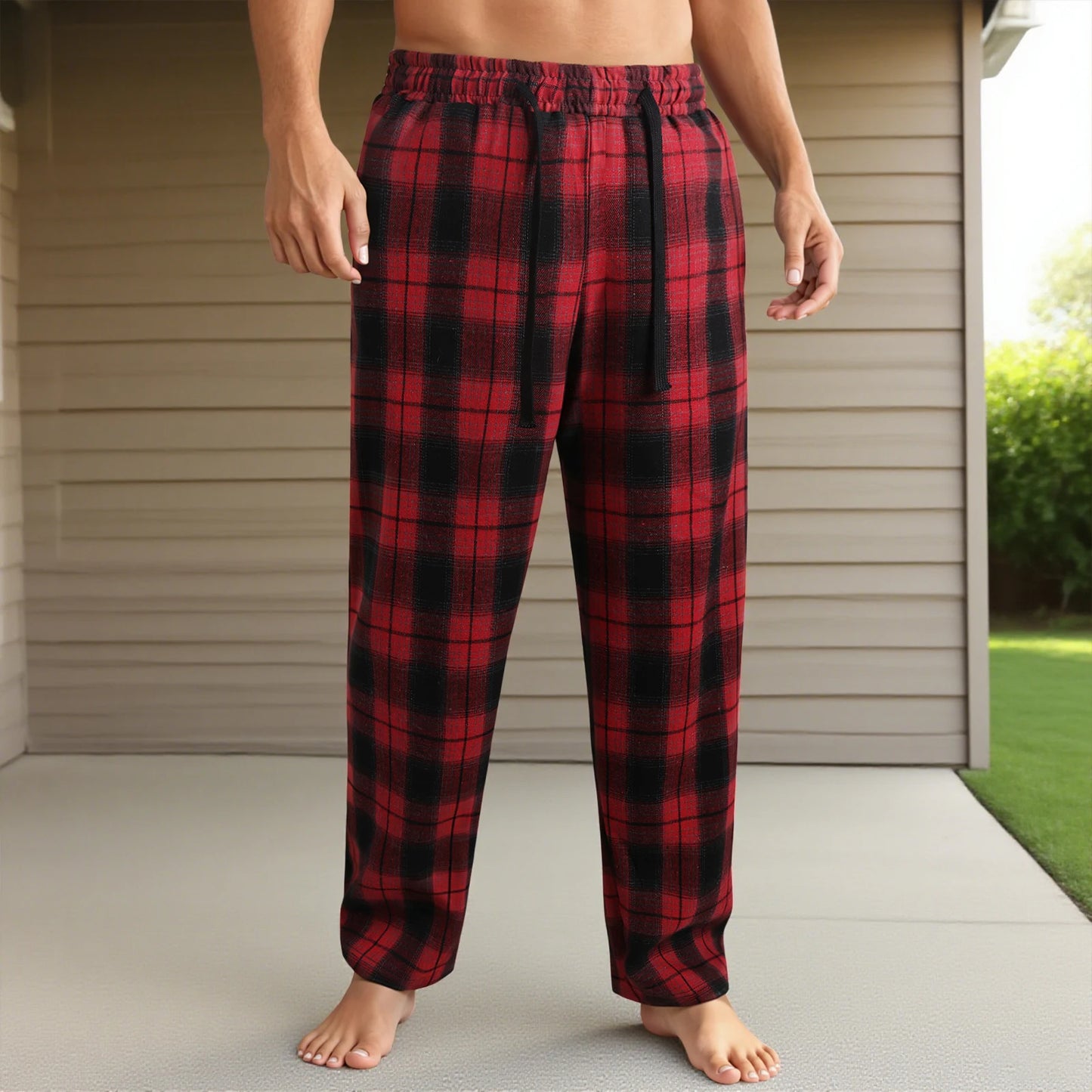 Men's Lounge Pants - Casual Plaid Drawstring Waist Full Length Polyester Trousers - ZOOMNSTORE