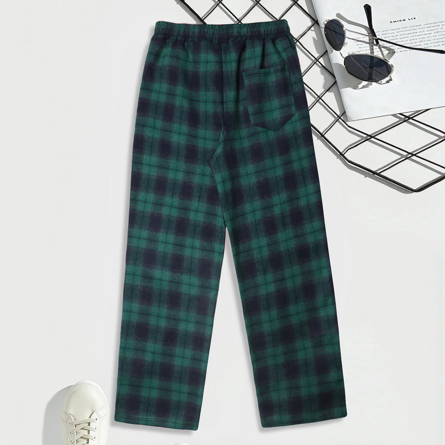 Men's Lounge Pants - Casual Plaid Drawstring Waist Full Length Polyester Trousers - ZOOMNSTORE