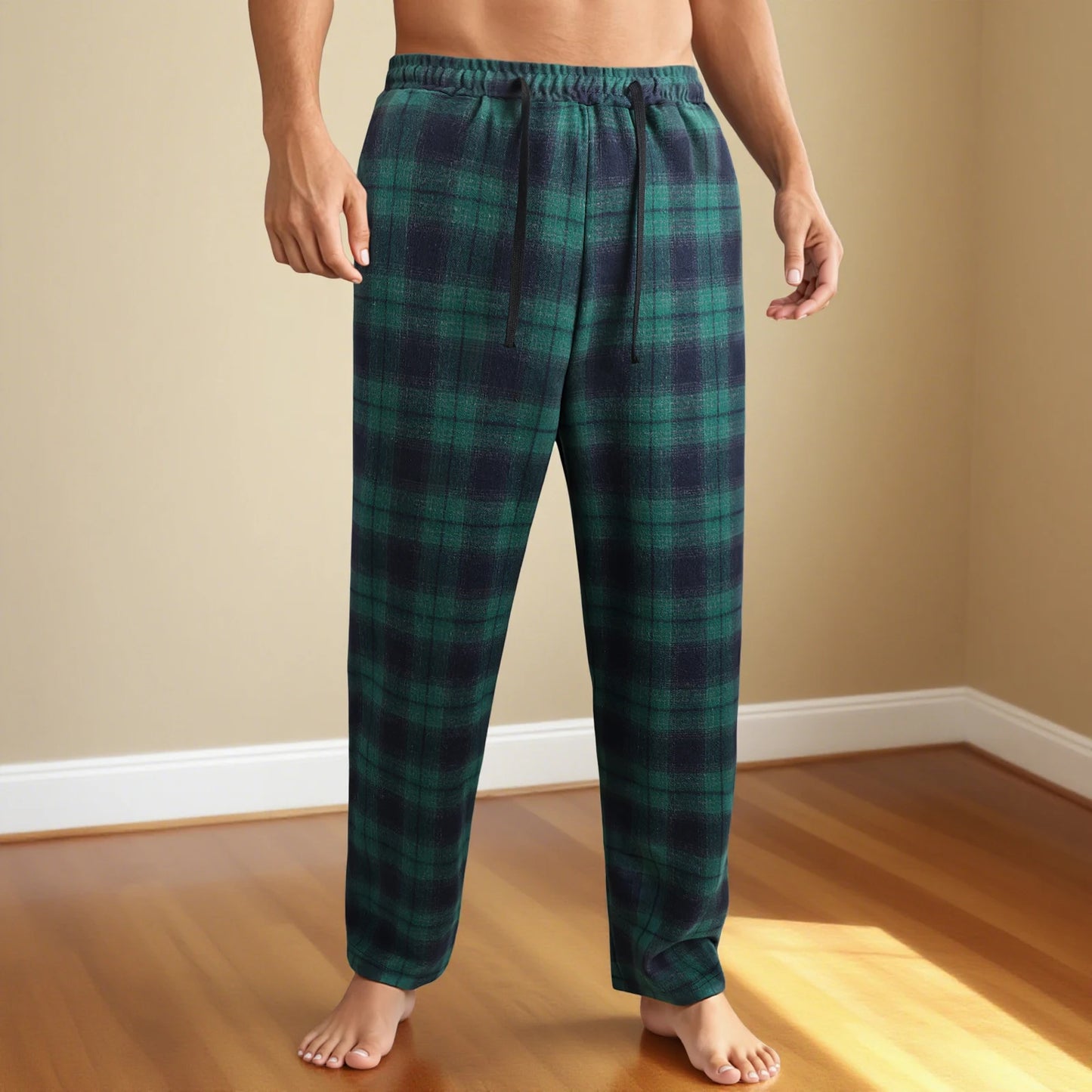 Men's Lounge Pants - Casual Plaid Drawstring Waist Full Length Polyester Trousers - ZOOMNSTORE