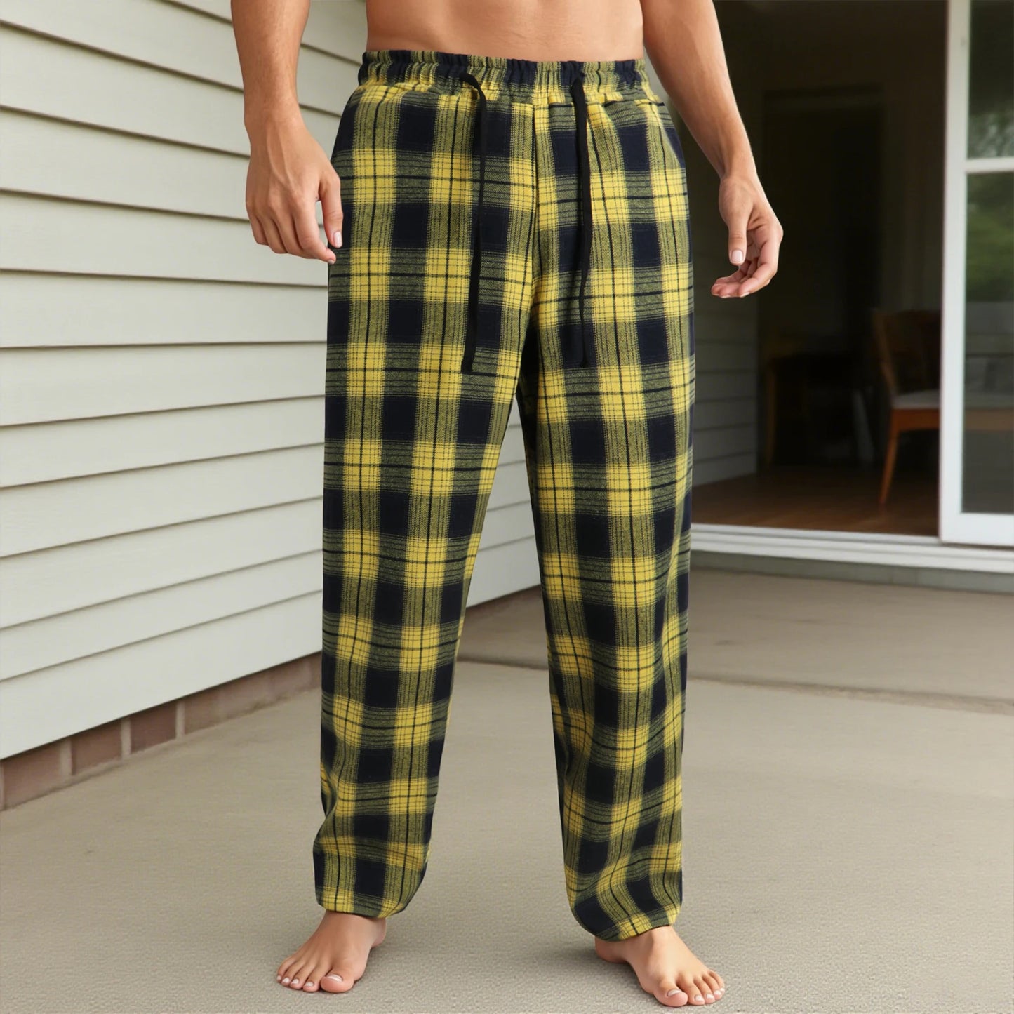 Men's Lounge Pants - Casual Plaid Drawstring Waist Full Length Polyester Trousers - ZOOMNSTORE
