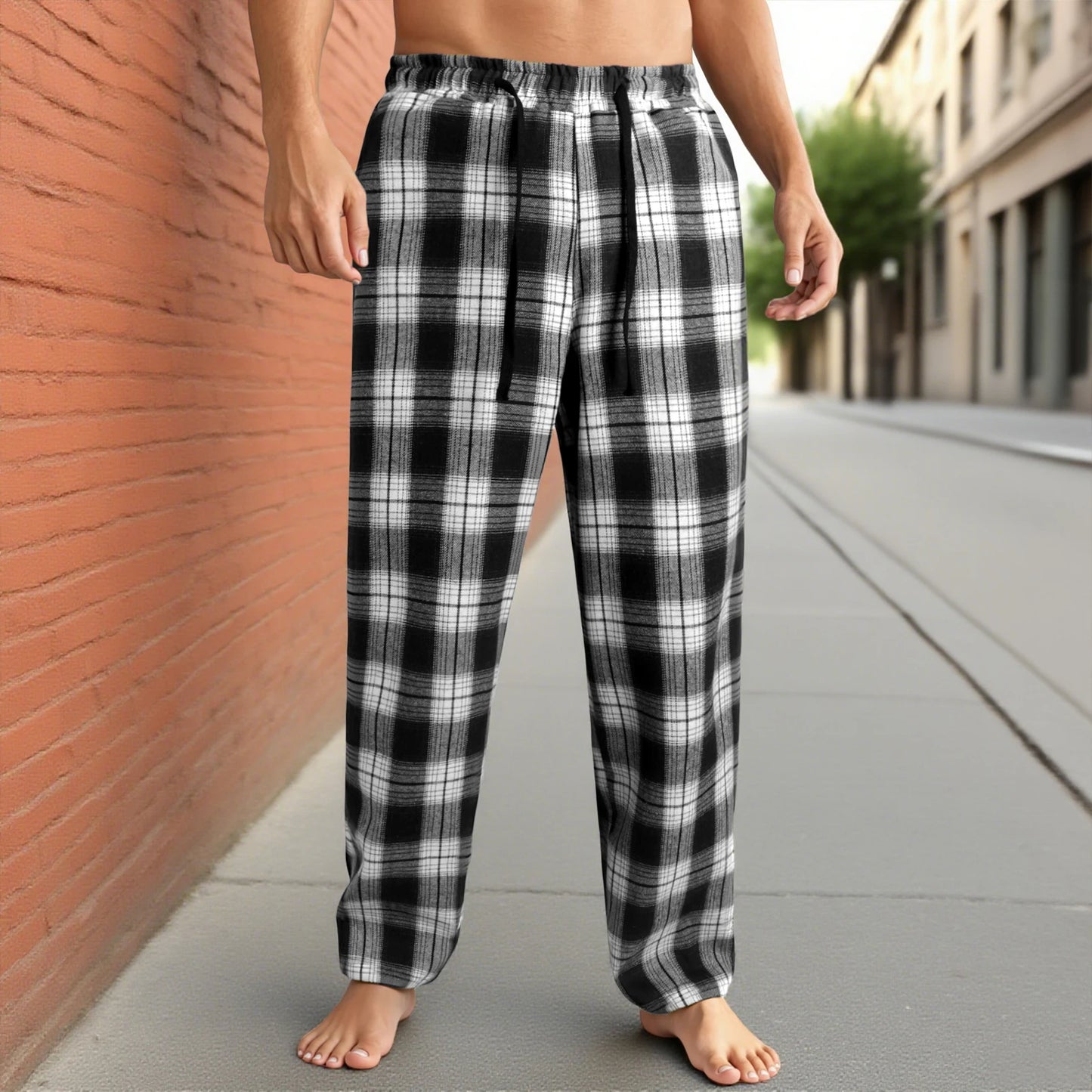 Men's Lounge Pants - Casual Plaid Drawstring Waist Full Length Polyester Trousers - ZOOMNSTORE