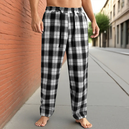 Men's Lounge Pants - Casual Plaid Drawstring Waist Full Length Polyester Trousers - ZOOMNSTORE