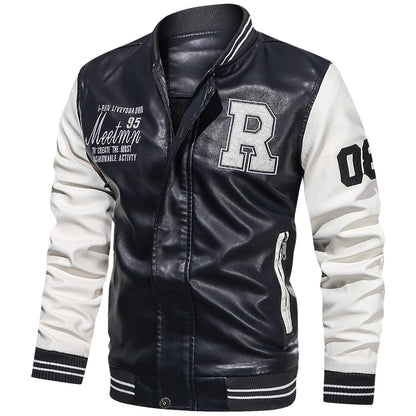 Mens Color Block Leather Motorcycle Jacket - Casual PU Pilot Jacket - ZOOMNSTORE