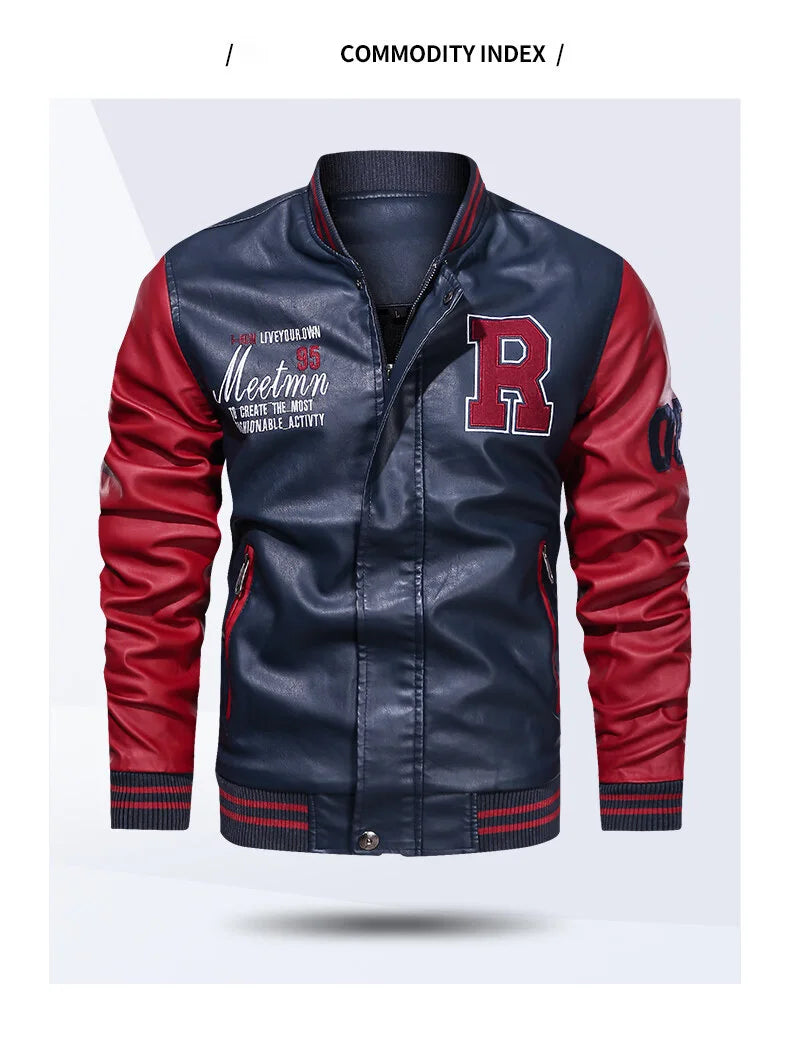 Mens Color Block Leather Motorcycle Jacket - Casual PU Pilot Jacket - ZOOMNSTORE