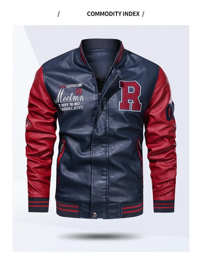 Mens Color Block Leather Motorcycle Jacket - Casual PU Pilot Jacket - ZOOMNSTORE