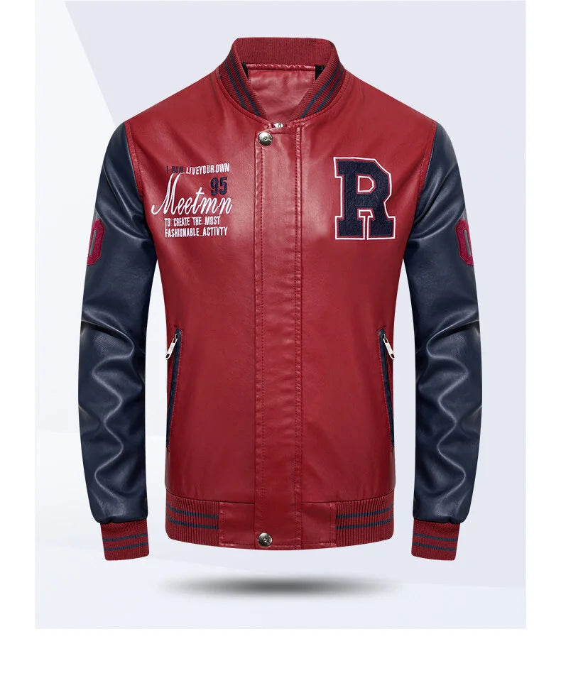 Mens Color Block Leather Motorcycle Jacket - Casual PU Pilot Jacket - ZOOMNSTORE