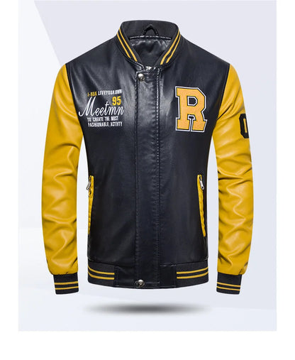 Mens Color Block Leather Motorcycle Jacket - Casual PU Pilot Jacket - ZOOMNSTORE