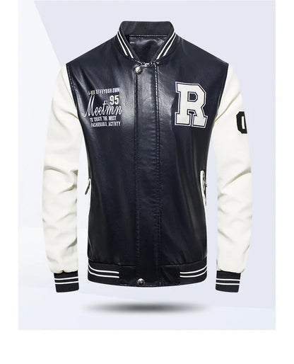 Mens Color Block Leather Motorcycle Jacket - Casual PU Pilot Jacket - ZOOMNSTORE