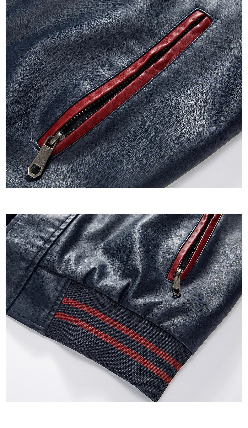 Mens Color Block Leather Motorcycle Jacket - Casual PU Pilot Jacket - ZOOMNSTORE