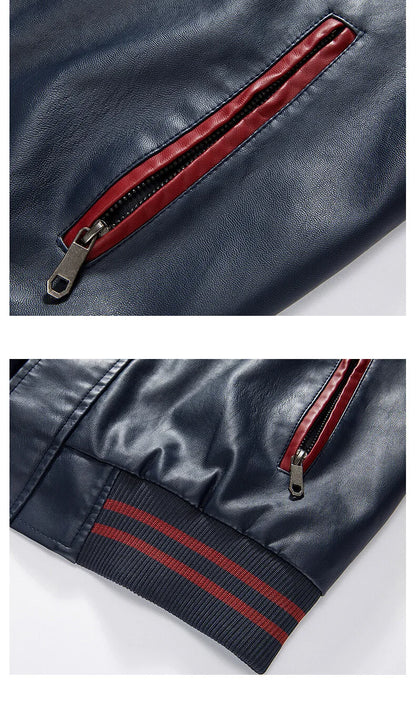 Mens Color Block Leather Motorcycle Jacket - Casual PU Pilot Jacket - ZOOMNSTORE