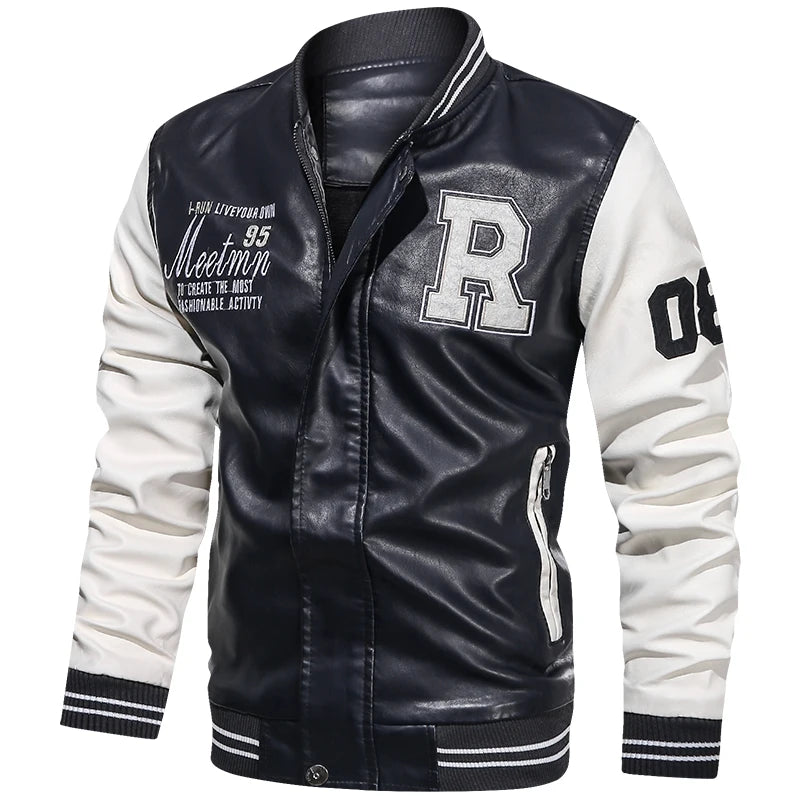 Mens Color Block Leather Motorcycle Jacket - Casual PU Pilot Jacket - ZOOMNSTORE