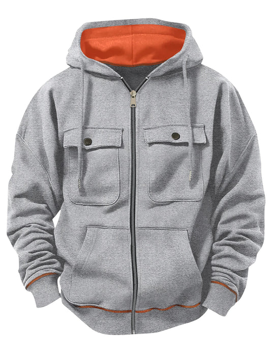 Men's Multi Pocket Hoodie - Spring Autumn Casual Zipper Front Sweatshirt Jacket - ZOOMNSTORE