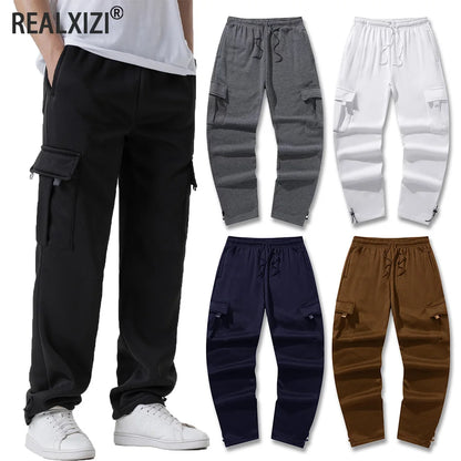 Men's Multi-Pockets Sweatpants Autumn Winter Drawstring Straight Fit Pants Running Jogger Sports Gym Trousers Male Loose Pants - ZOOMNSTORE