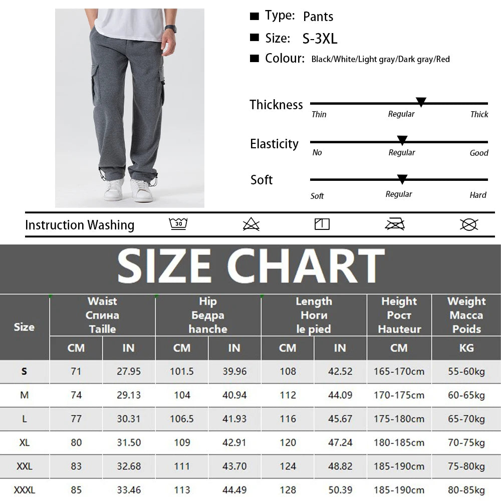 Men's Multi-Pockets Sweatpants Autumn Winter Drawstring Straight Fit Pants Running Jogger Sports Gym Trousers Male Loose Pants - ZOOMNSTORE