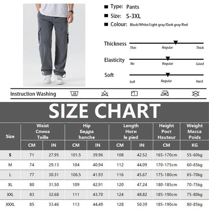 Men's Multi-Pockets Sweatpants Autumn Winter Drawstring Straight Fit Pants Running Jogger Sports Gym Trousers Male Loose Pants - ZOOMNSTORE