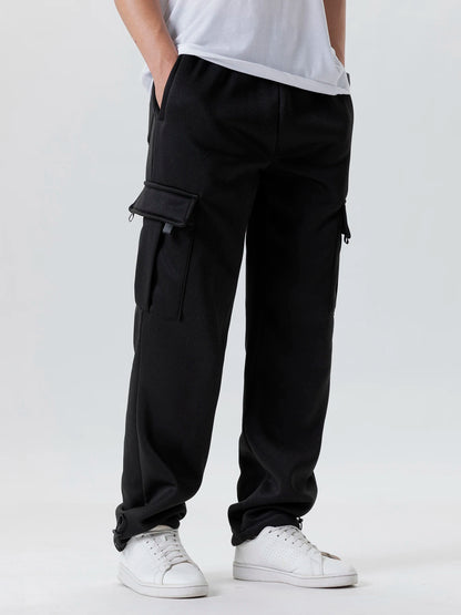 Men's Multi-Pockets Sweatpants Autumn Winter Drawstring Straight Fit Pants Running Jogger Sports Gym Trousers Male Loose Pants - ZOOMNSTORE