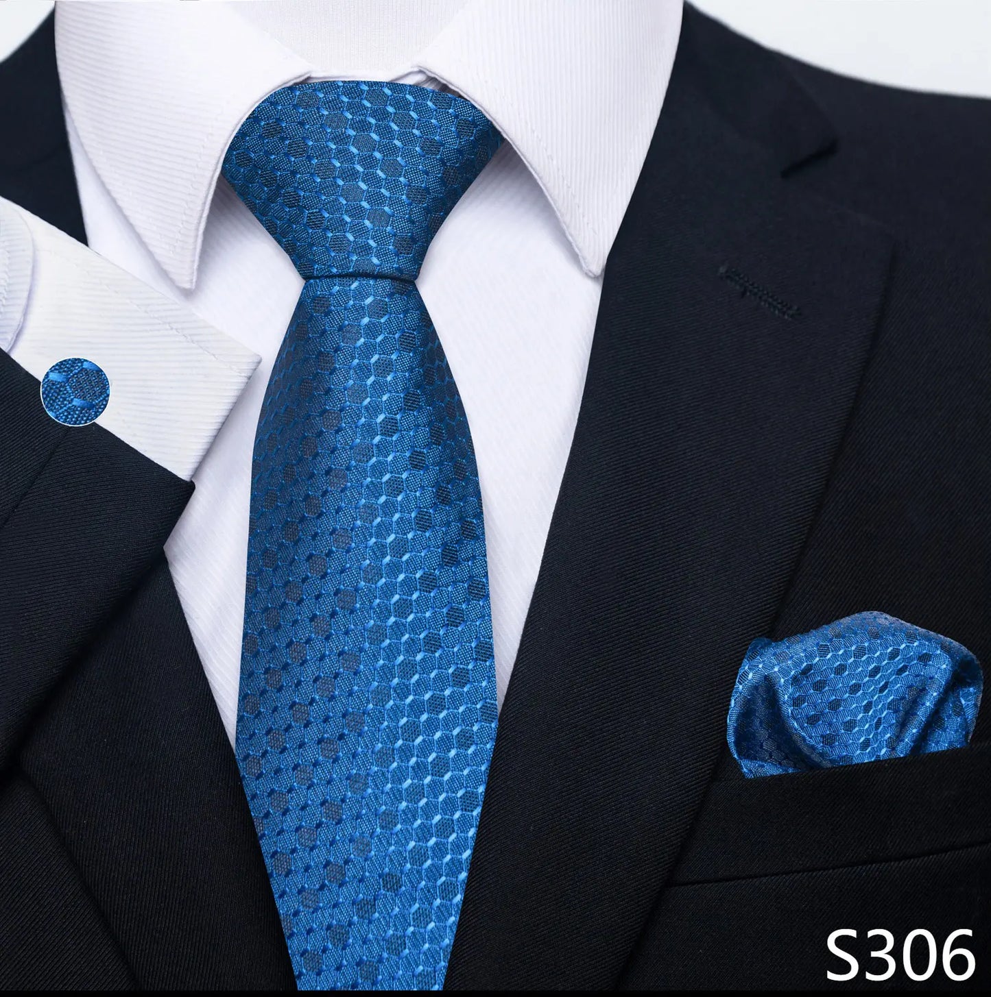 Mens Blue Gold Tie  Pocket Square Set - Wedding  Party Accessories - ZOOMNSTORE