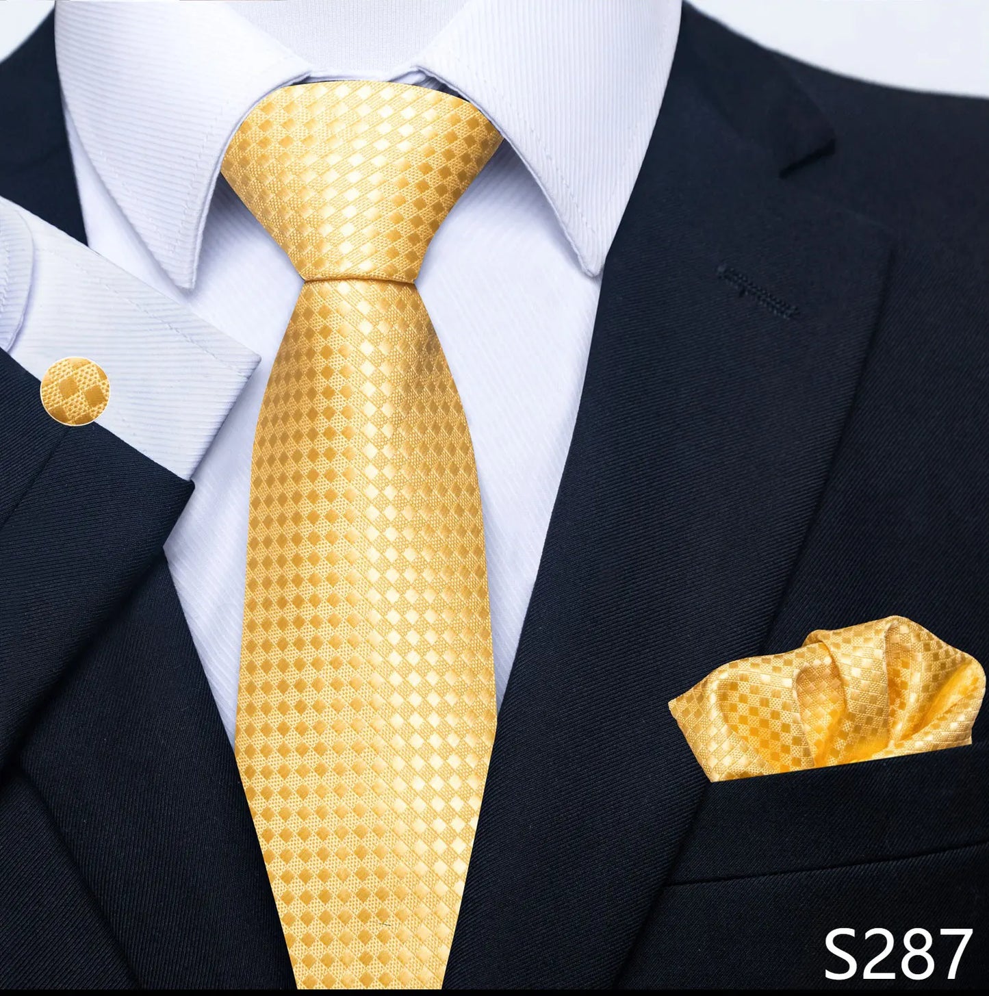Mens Blue Gold Tie  Pocket Square Set - Wedding  Party Accessories - ZOOMNSTORE