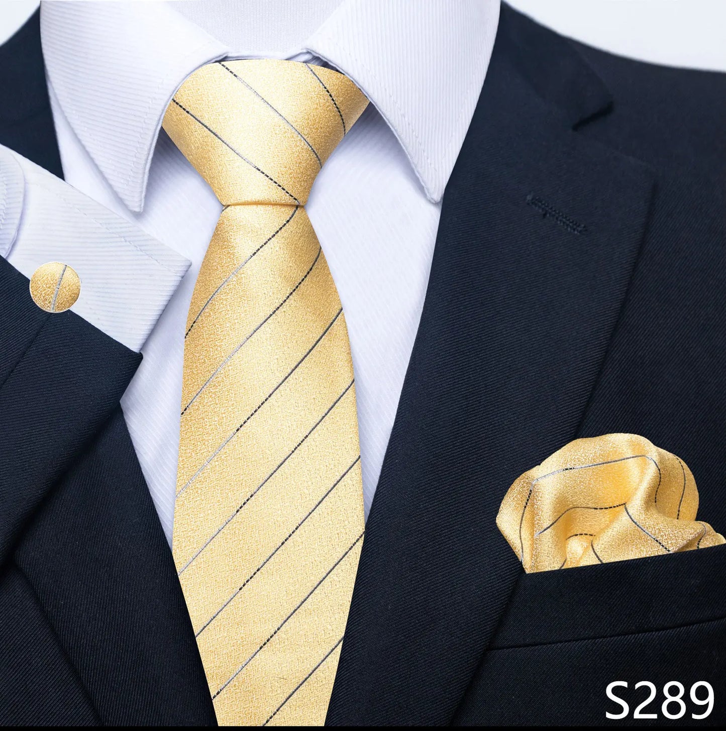 Mens Blue Gold Tie  Pocket Square Set - Wedding  Party Accessories - ZOOMNSTORE