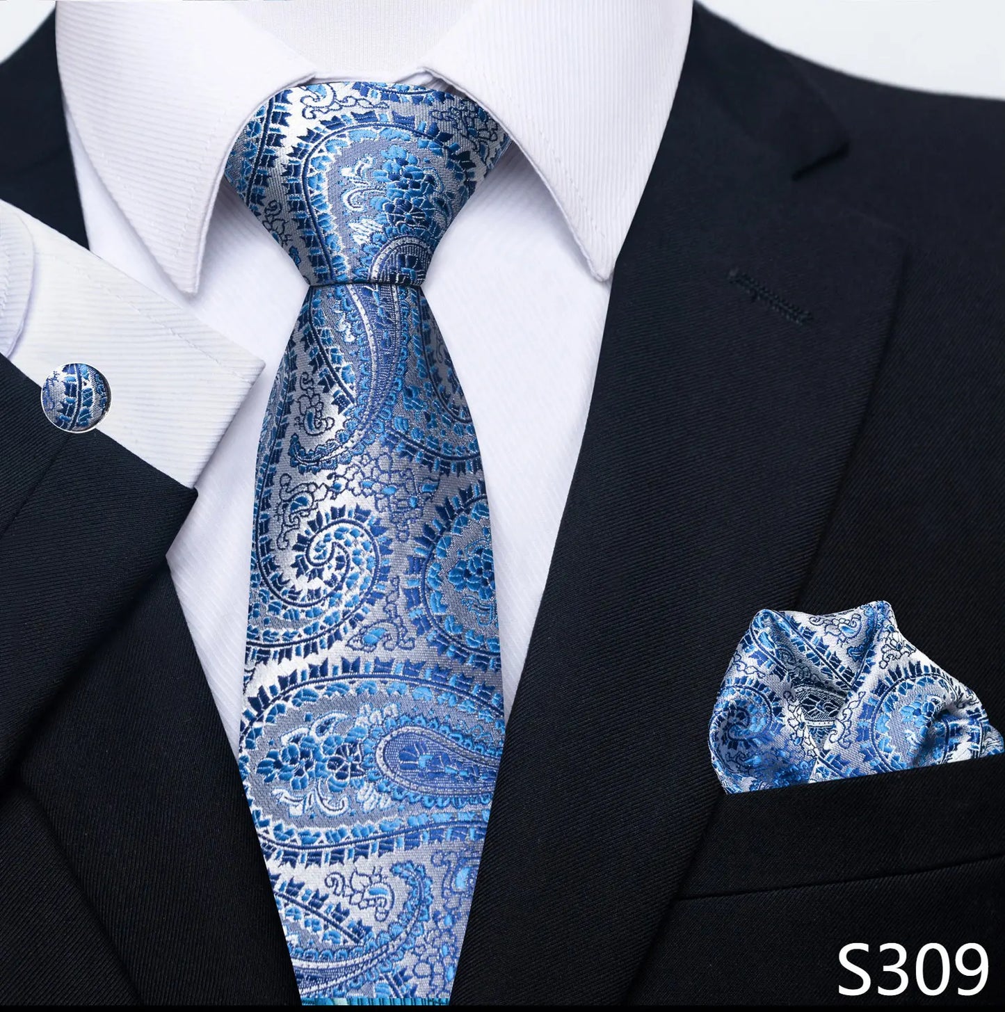 Mens Blue Gold Tie  Pocket Square Set - Wedding  Party Accessories - ZOOMNSTORE