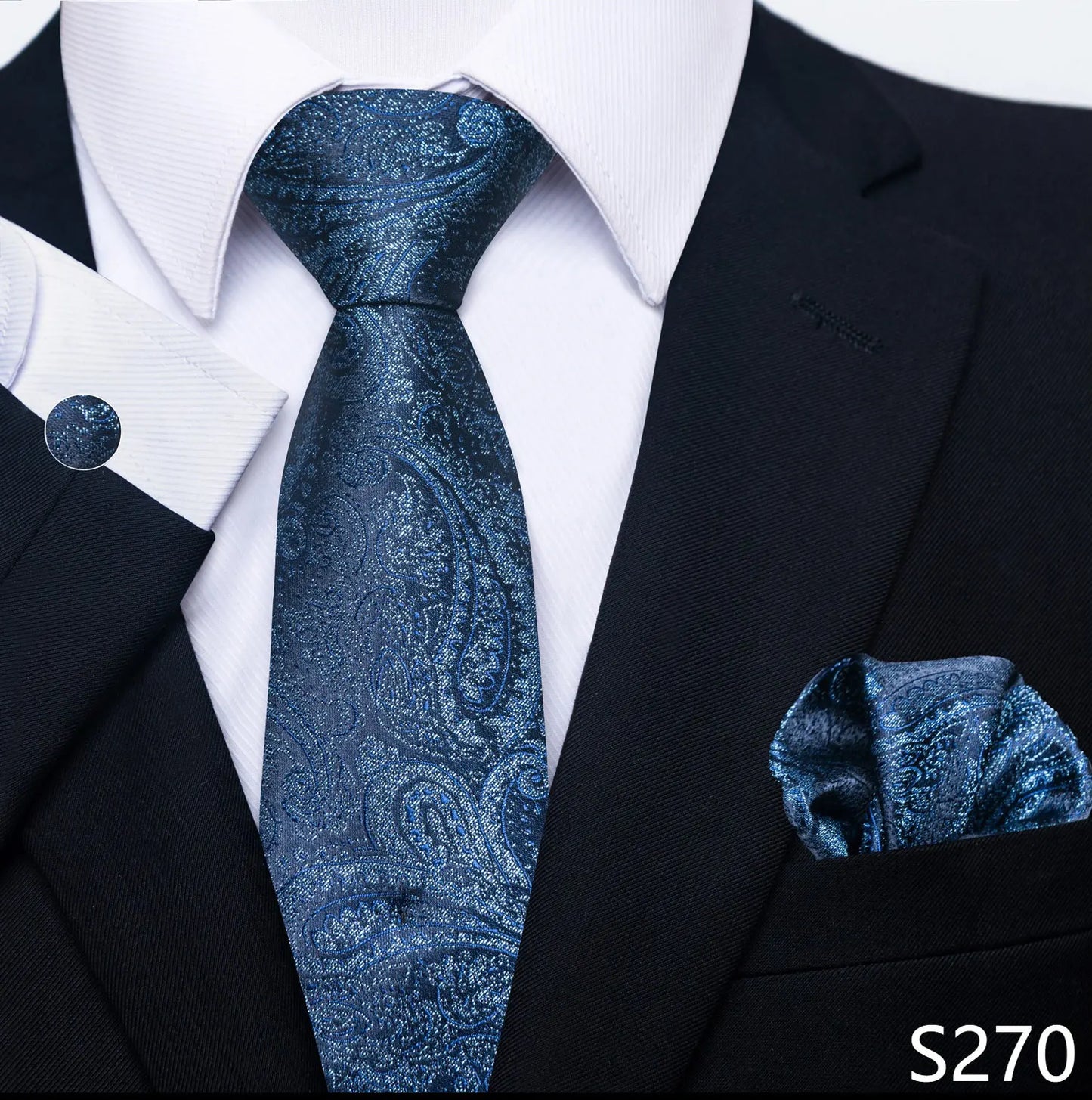 Mens Blue Gold Tie  Pocket Square Set - Wedding  Party Accessories - ZOOMNSTORE