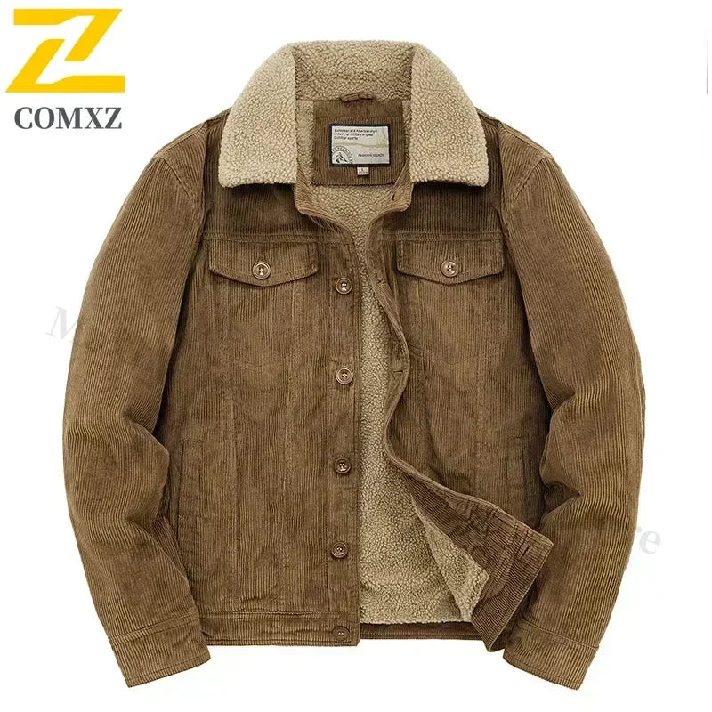 Mens Padded Corduroy Parka Jacket - Warm Windbreaker with Fur Collar - ZOOMNSTORE