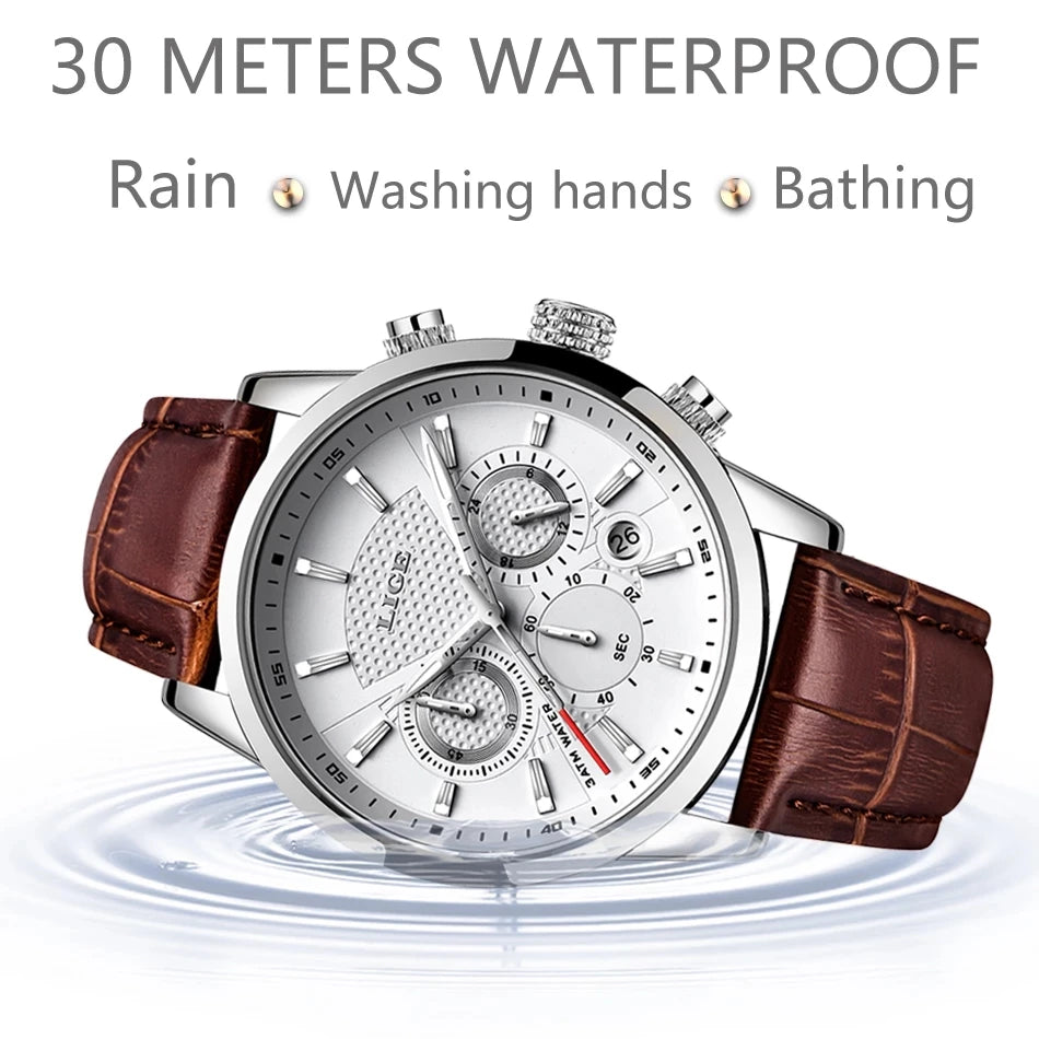 LIGE Mens Waterproof Sports Quartz Watch - Fashion Leather Military Date Timepiece - ZOOMNSTORE