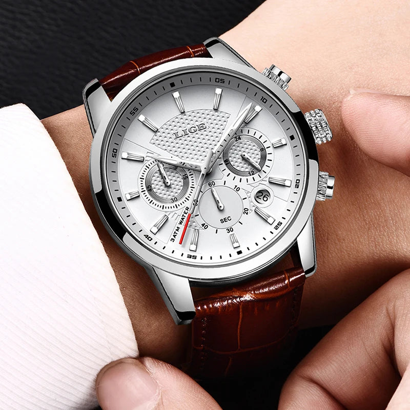LIGE Mens Waterproof Sports Quartz Watch - Fashion Leather Military Date Timepiece - ZOOMNSTORE