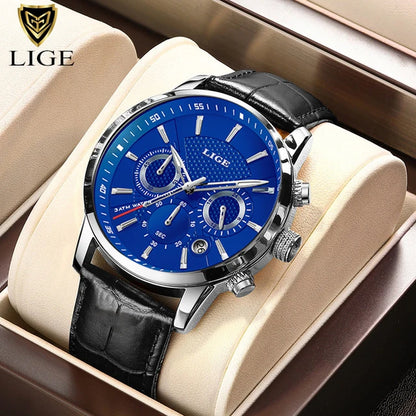 LIGE Mens Waterproof Sports Quartz Watch - Fashion Leather Military Date Timepiece - ZOOMNSTORE