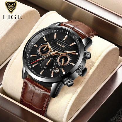 LIGE Mens Waterproof Sports Quartz Watch - Fashion Leather Military Date Timepiece - ZOOMNSTORE