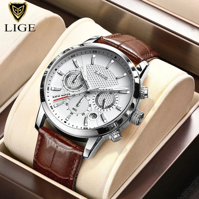 LIGE Mens Waterproof Sports Quartz Watch - Fashion Leather Military Date Timepiece - ZOOMNSTORE