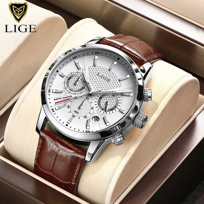 LIGE Mens Waterproof Sports Quartz Watch - Fashion Leather Military Date Timepiece - ZOOMNSTORE