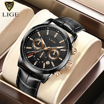 LIGE Mens Waterproof Sports Quartz Watch - Fashion Leather Military Date Timepiece - ZOOMNSTORE