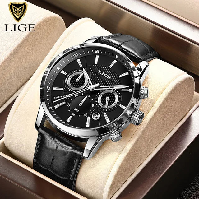 LIGE Mens Waterproof Sports Quartz Watch - Fashion Leather Military Date Timepiece - ZOOMNSTORE