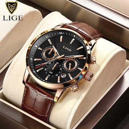 LIGE Mens Waterproof Sports Quartz Watch - Fashion Leather Military Date Timepiece - ZOOMNSTORE