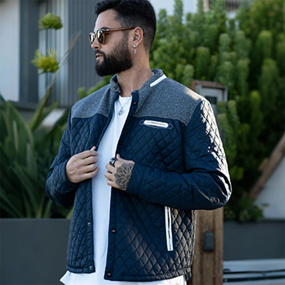 Men's Quilted Jacket - Durable Polyester Casual Bomber Coat With Plaid Lining - ZOOMNSTORE