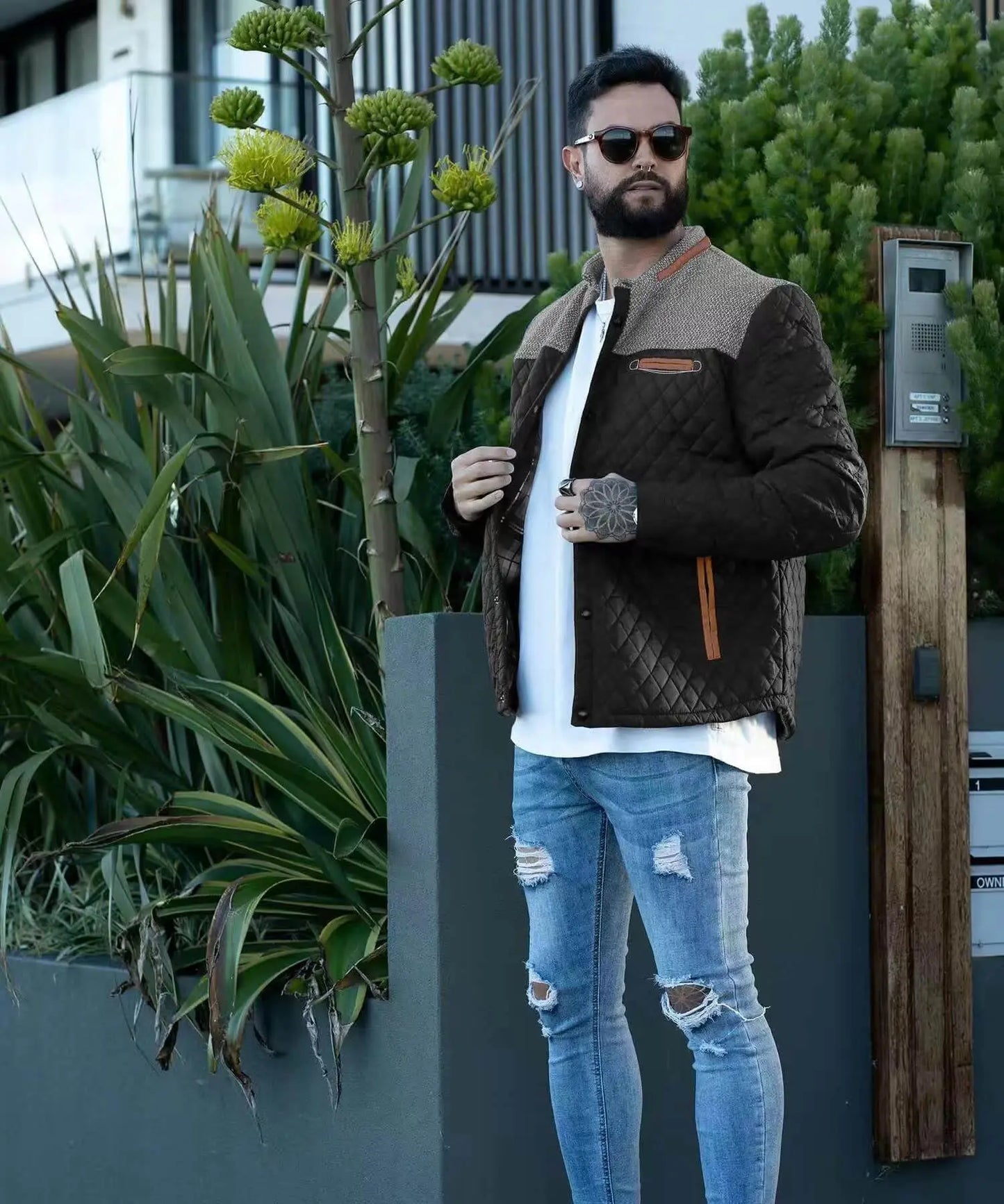 Men's Quilted Jacket - Durable Polyester Casual Bomber Coat With Plaid Lining - ZOOMNSTORE