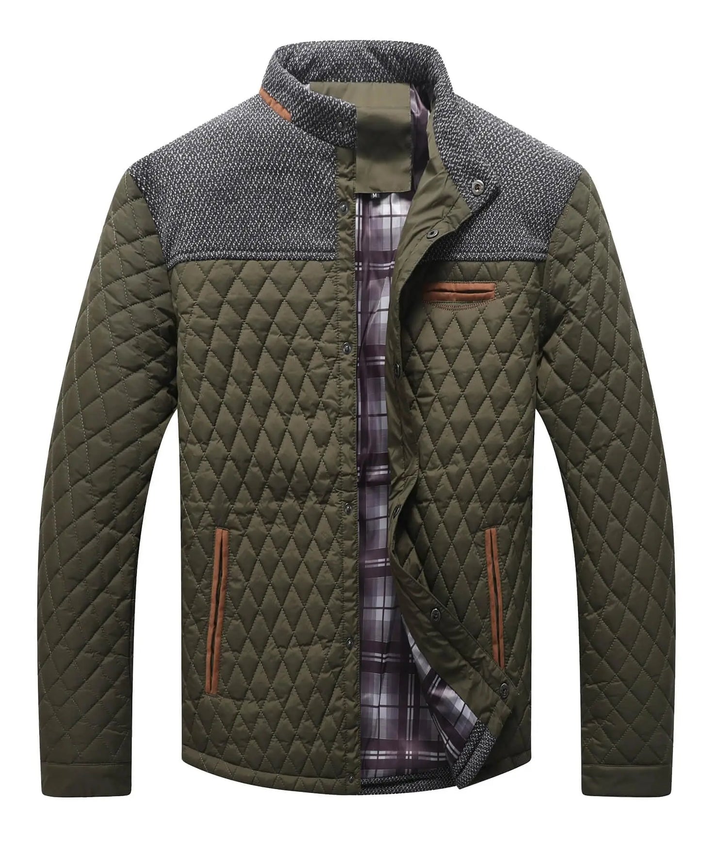Men's Quilted Jacket - Durable Polyester Casual Bomber Coat With Plaid Lining - ZOOMNSTORE