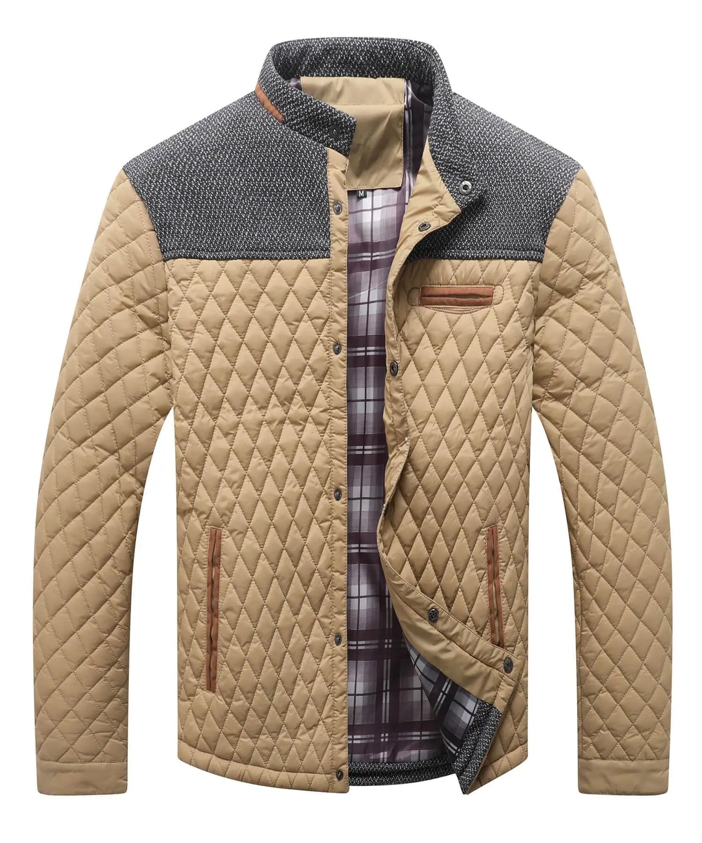 Men's Quilted Jacket - Durable Polyester Casual Bomber Coat With Plaid Lining - ZOOMNSTORE