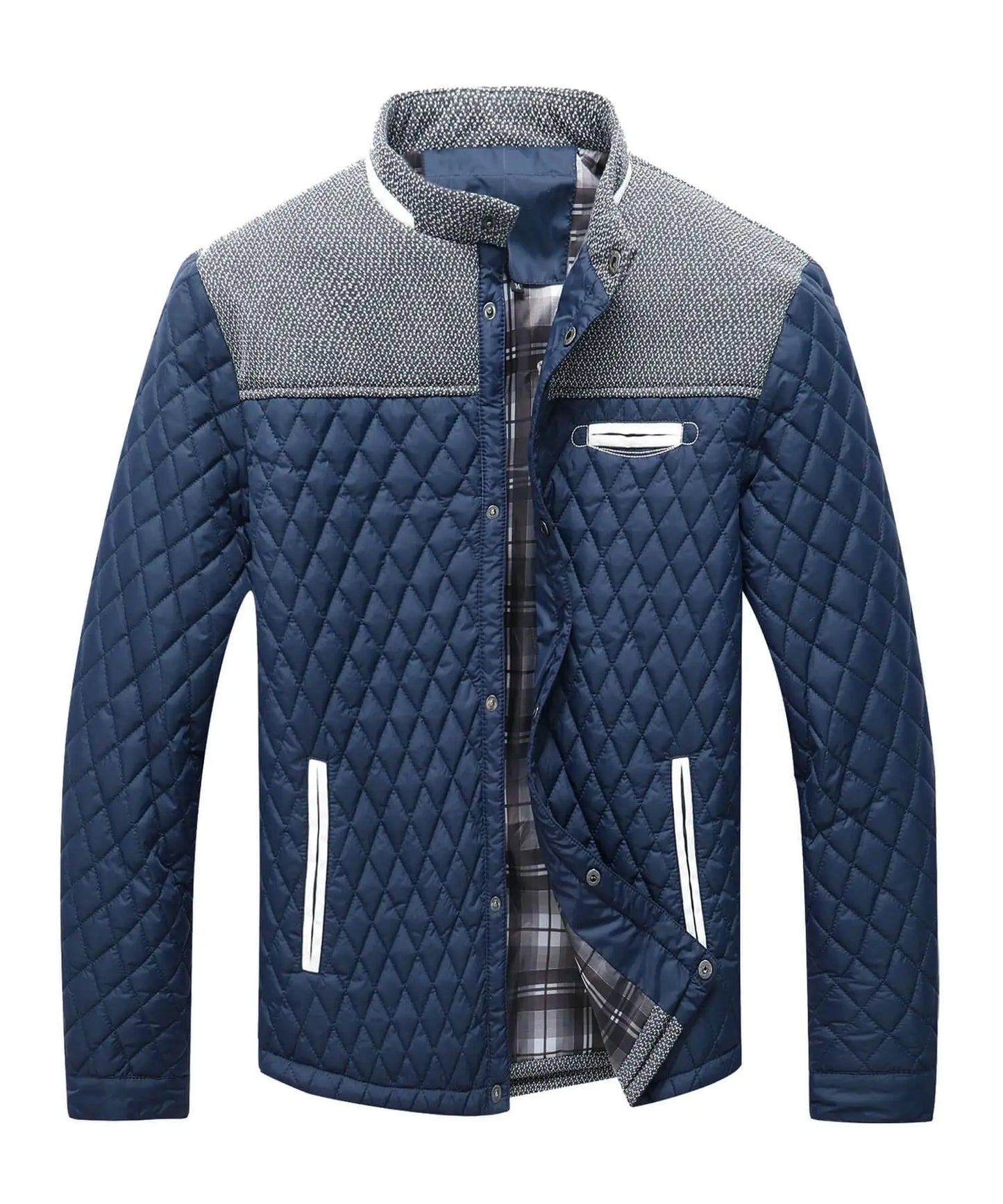 Men's Quilted Jacket - Durable Polyester Casual Bomber Coat With Plaid Lining - ZOOMNSTORE