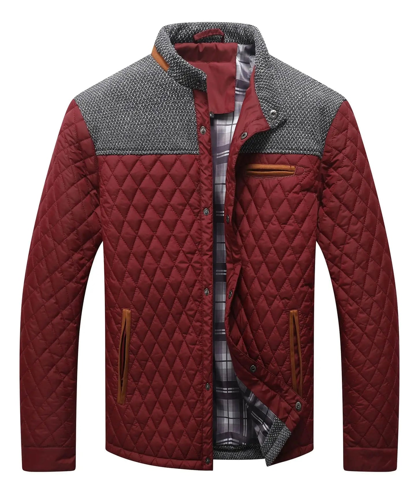 Men's Quilted Jacket - Durable Polyester Casual Bomber Coat With Plaid Lining - ZOOMNSTORE