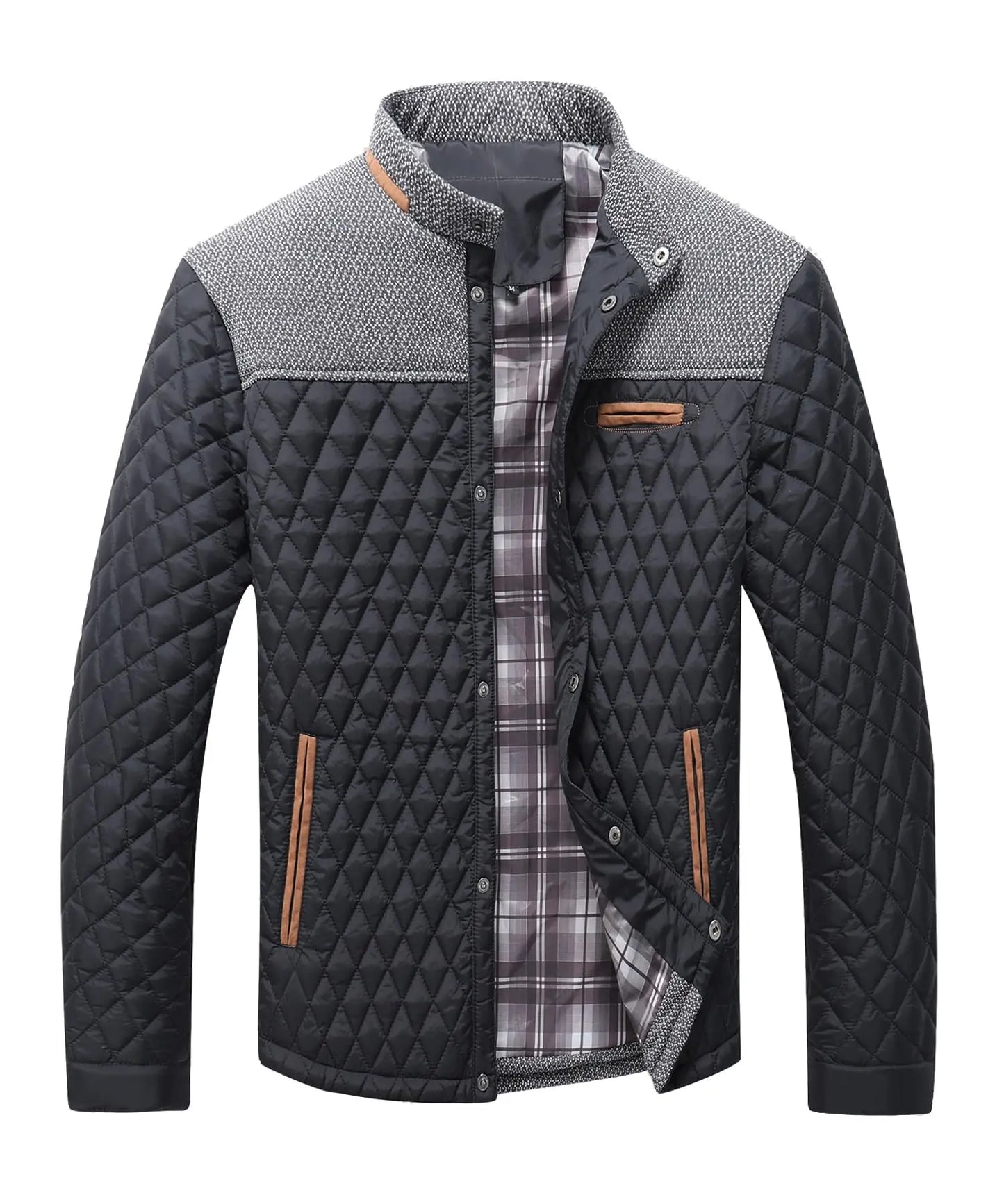 Men's Quilted Jacket - Durable Polyester Casual Bomber Coat With Plaid Lining - ZOOMNSTORE