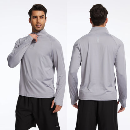 Men Long Sleeve Shirt UPF 50+ Rash Guard Swim Shirt Athletic Fishing Hiking Workout Cooling Tee Quick Dry Shirts with Zip - ZOOMNSTORE