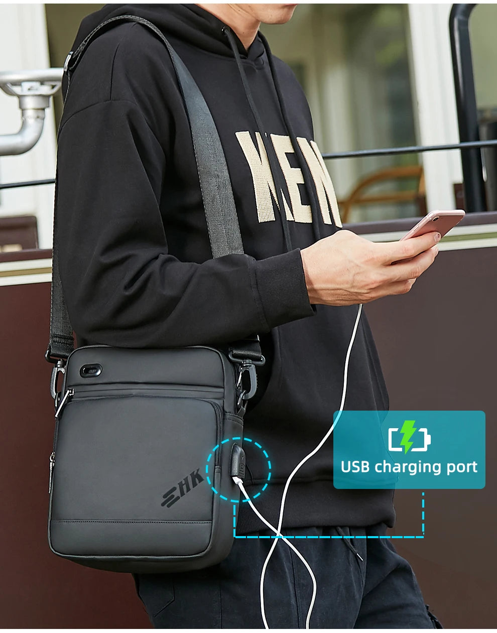 Men's Shoulder Bag Waterproof Crossbody USB Charging Large Travel Sling Pack - ZOOMNSTORE