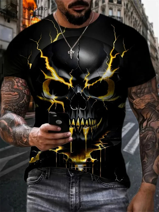 Mens Oversized 3D Skull Print T-Shirt - Summer Horror Fashion Tee - ZOOMNSTORE