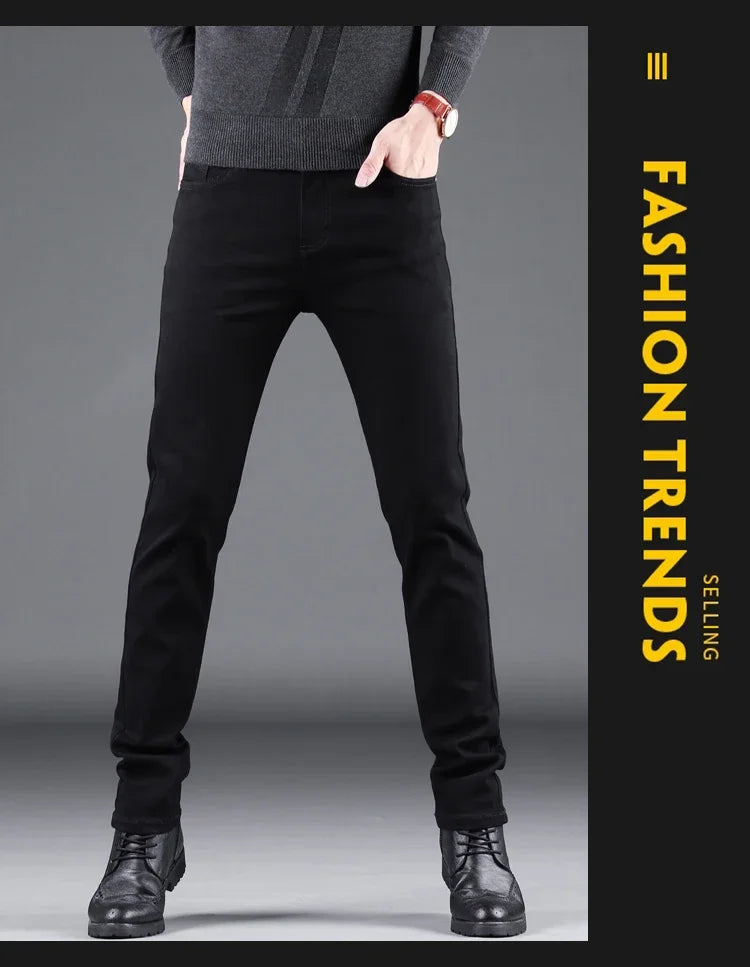 Mens Black Slim Jeans - Elastic Straight Pants Vintage Denim for Business  Leisure - ZOOMNSTORE