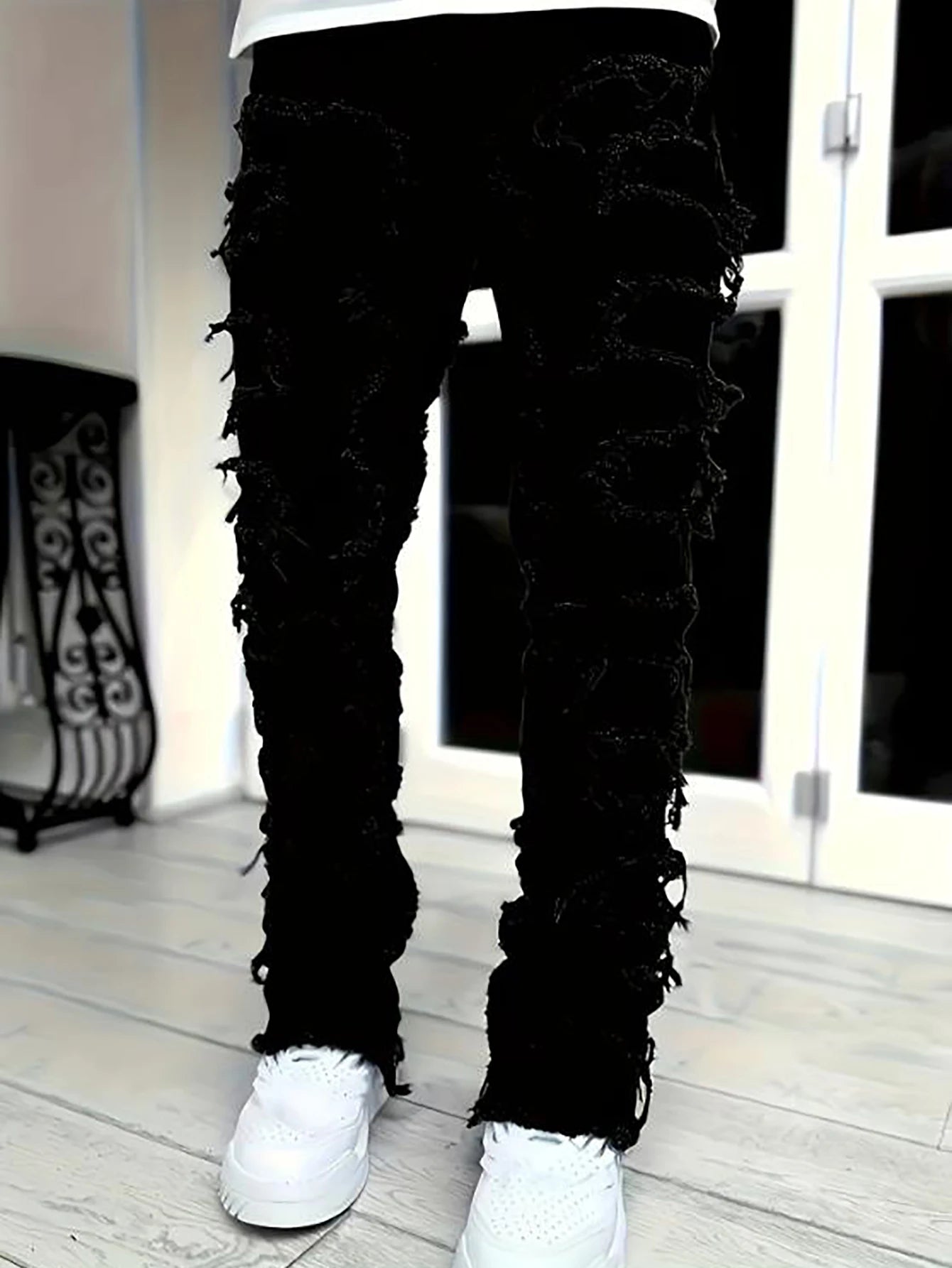 Men's Slim Fit Jeans - Black Denim Pants With Raw Edge Stacked Patches - ZOOMNSTORE