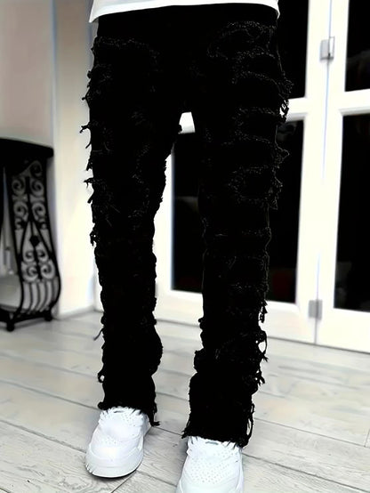 Men's Slim Fit Jeans - Black Denim Pants With Raw Edge Stacked Patches - ZOOMNSTORE